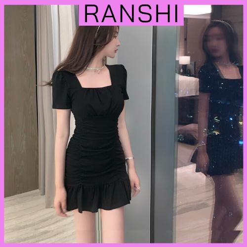 Đầm Body Đuôi Cá Nữ RANSHI Váy Body Cổ Vuông Nhún Tà Tiểu Thư Váy Xinh Cuốn Hút Che Khuyết Điểm Bụng Chất Thun Tăm Lạnh Đầm Nữ - RBD081 Women Dress Đen