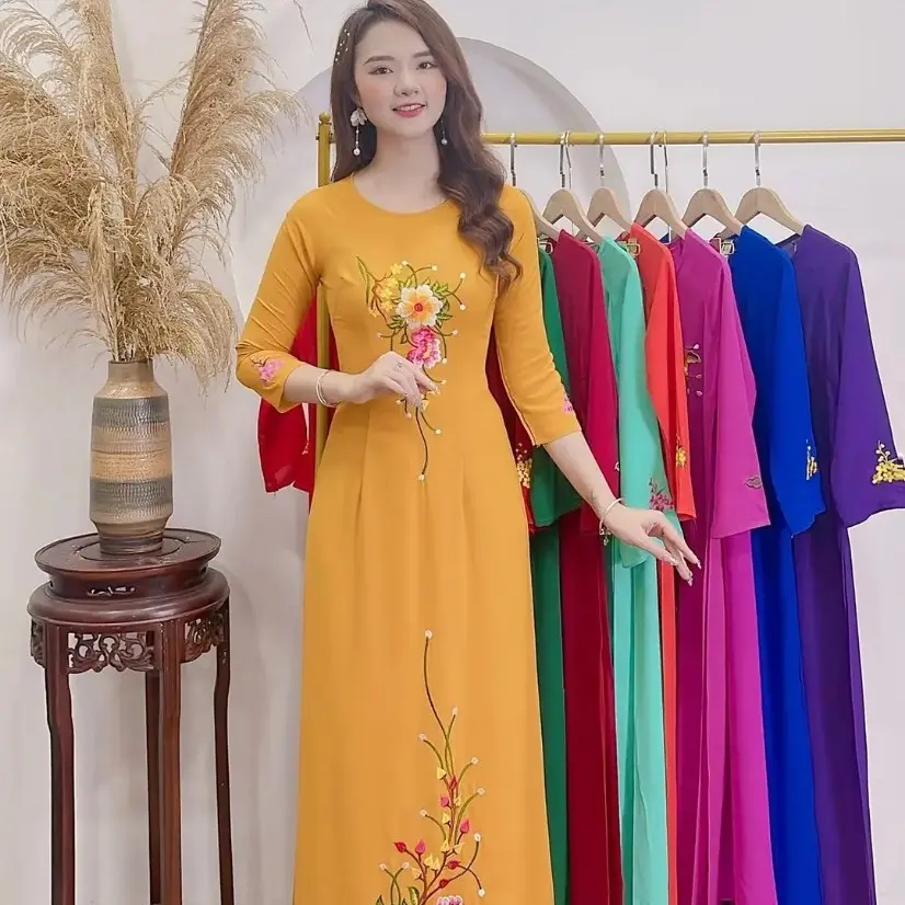 Áo dài truyền thống lụa mỹ thêu hoa cao cấp đủ màu sắc