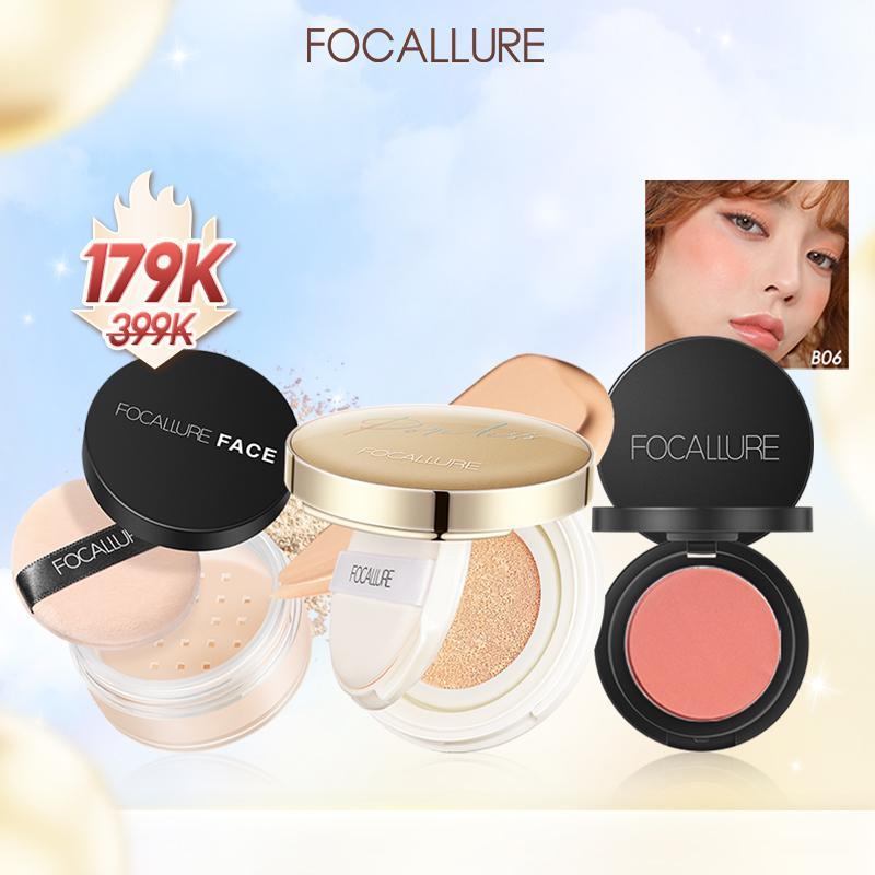 【voucher 10k  FOCALLURE Combo 3 Món Trang Điểm Mặt Cushion Phấn Nước Hỗ Trợ Che Phủ Khuyết Điểm + Phấn Phủ Dạng Bột Hỗ Trợ Kiềm Dầu + Phấn Má Hồng 2.8g Phù Hợp Trang Điểm Hằng Ngày