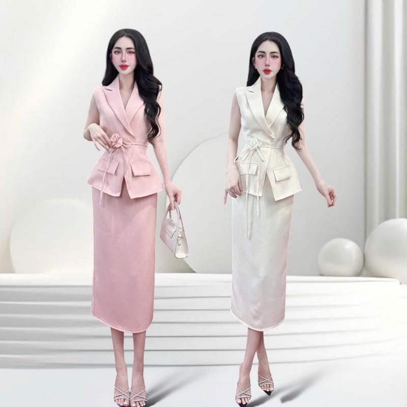  Set áo váy thiết kế CRAZYTEEN S5584 dành cho nữ gồm áo vest kiểu dáng dài và chân váy dáng suông để đi chơi   Áo vest gile  Chân váy  Dây cột  Tag hoa   set  hot 