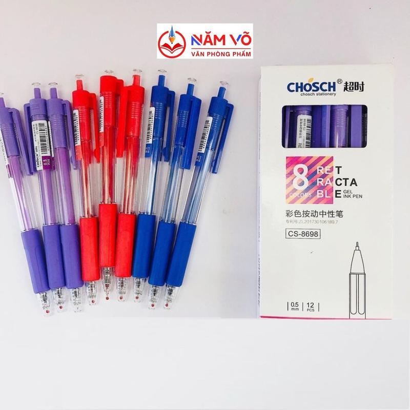 (CS8698). HỘP 12 Cây Bút Viết Gel Nước Dạng Bi Bấm Chosch CS-8698/ CS 8698 Ngòi 0.5mm, Có Đệm Viết Êm Tay, Viết Êm, Mực Đều