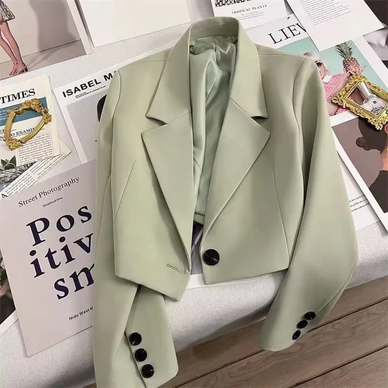 Áo blazer croptop một cúc dài tay 2 lớp dáng ngăn thu đông 2023
