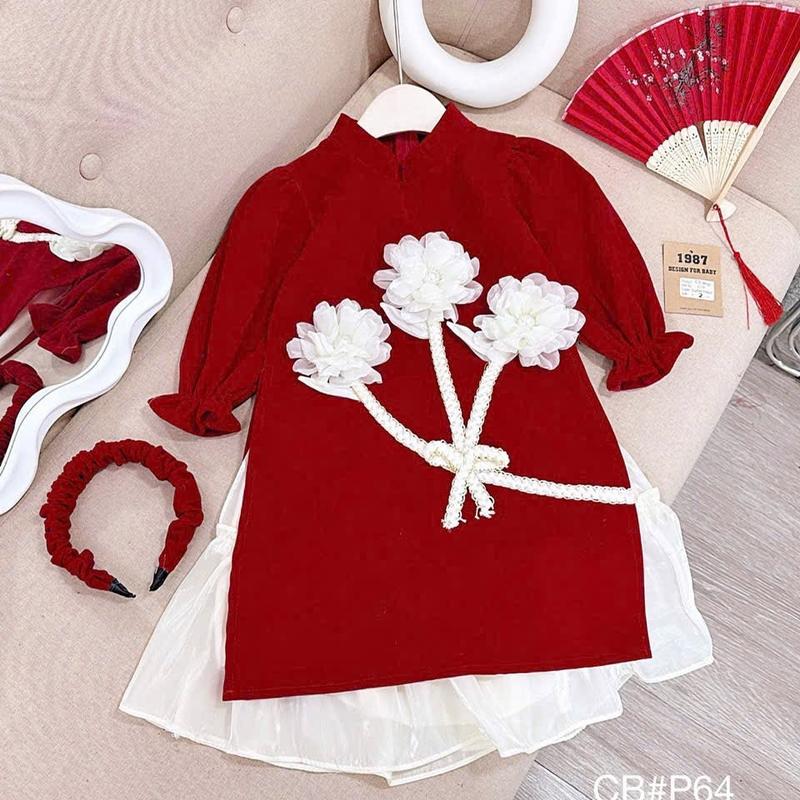 Áo dài nhung đỏ 3bông hoa kèm chân váy tơ hai lớp ( ) bé gái xinh 8-30kg mặc xinh