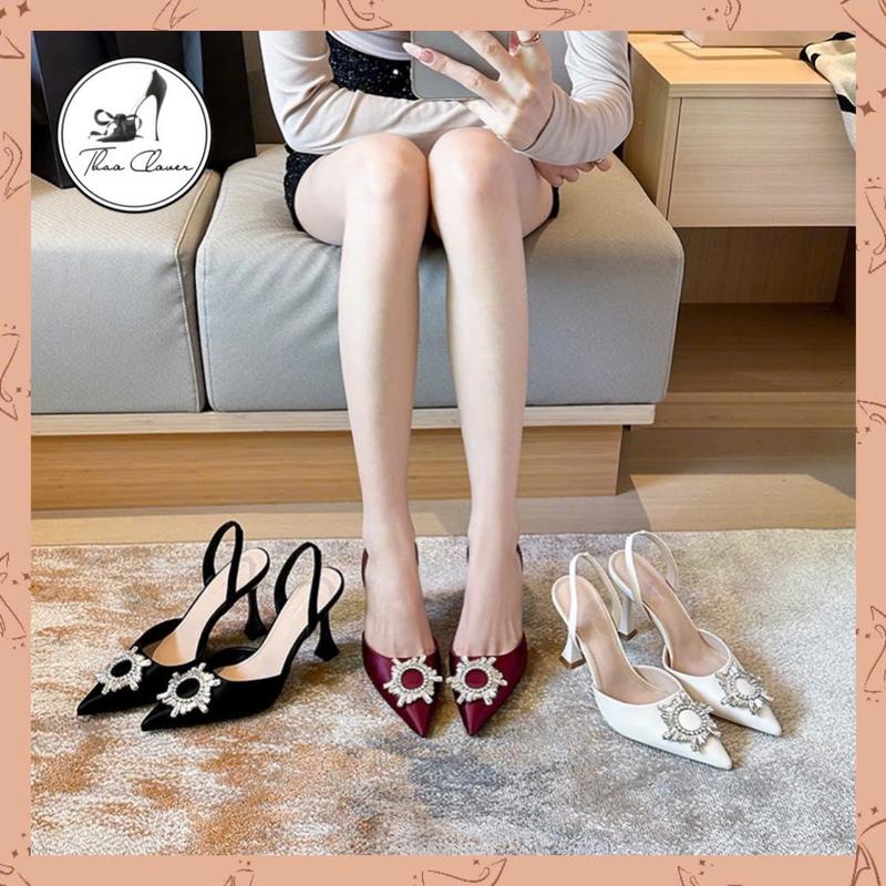 9CM Giày sandal cao gót mũi nhọn da lụa satin 9CM đính hoa đá mặt trời sang đẹp-THAO CLOVER-7199-8
