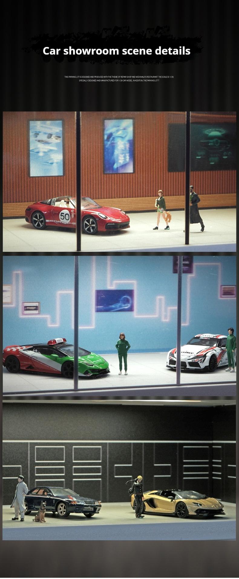 Product Introduction of Alloy die-cast car parking lot model, suitable for 1:64 scale car models, simulated garage scene, highly transparent dust-proof box, with lights, assembly model, for storing car models, for decoration and collection, a gift for boys 11