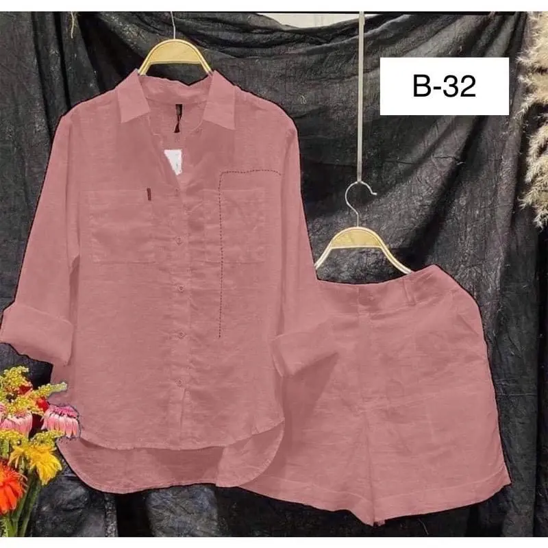Bộ đồ nữ quần cộc áo dài tay chất vải đũi tơ 9 màu sét - Women, Top