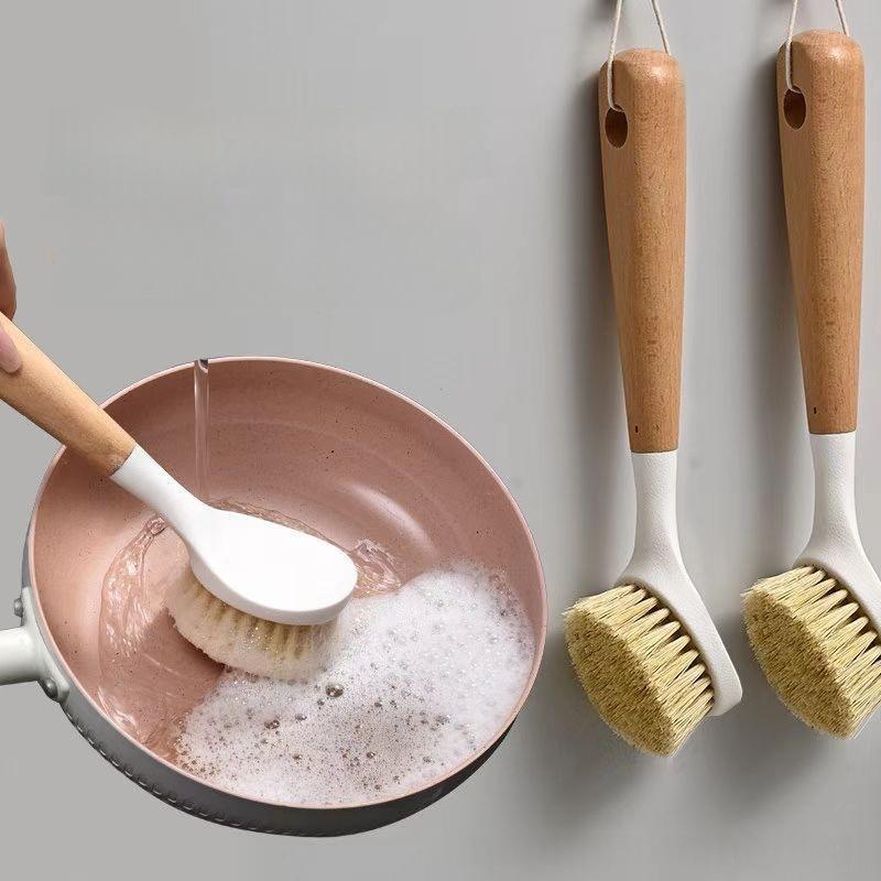 Product Introduction of Kitchen Cleaning Brush Set, 1 Set Including 3 Counts Long Handle Wooden Cleaning Brush & 10 Counts Round Sponge Ball, Durable Cleaning Tool for Kitchen Bathroom Living Room 3