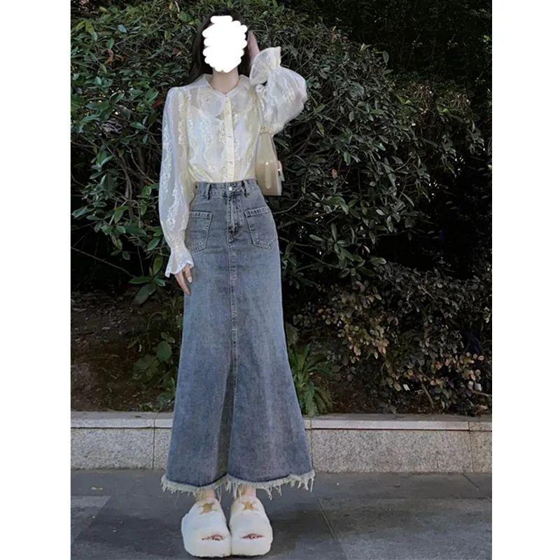 Váy denim Xanh Biển cổ điển dành cho phụ nữ, áo sơ mi, trang phục giản dị, che hông, quần áo mùa xuân, eo cao mới, váy đuôi cá đa năng thanh lịch 1