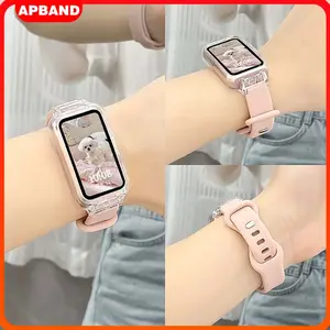 Transparent Case +Silicone Strap for Huawei Band 10 Polos Hard PC Frame Protective Cover Screen Protector Bumper Cover Silikon Wristband Butterfly clasp Silicone Soft Rubber Band Accessories Tali Jam Tangan Smartwatch for Huawei Band 10 9 8 NFC