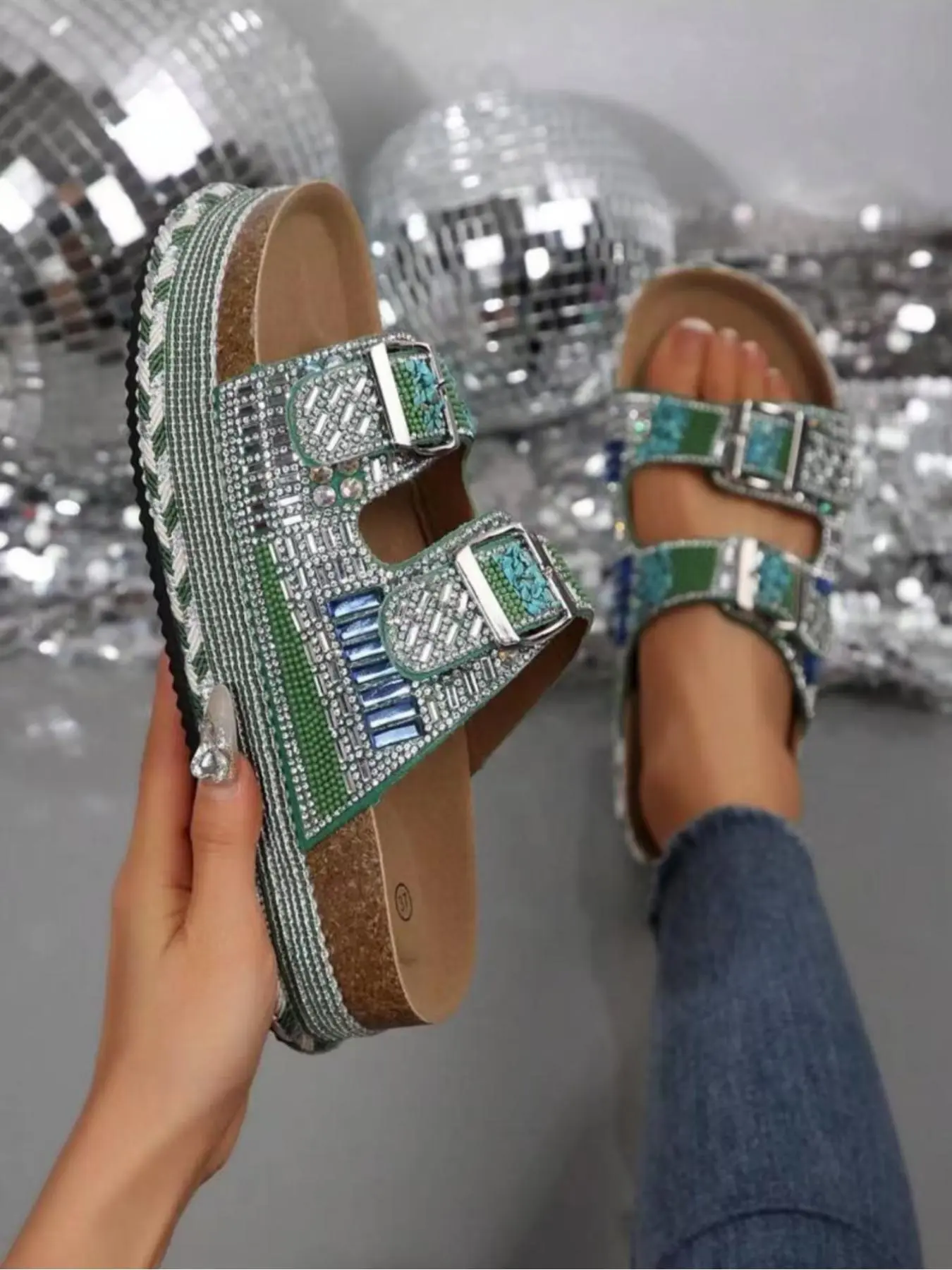 Fashion Rhinestone Decorated Slides, Casual Comfortable Flat Sandals for Summer, Lightweight Breathable Shoes for Daily Wear, Women