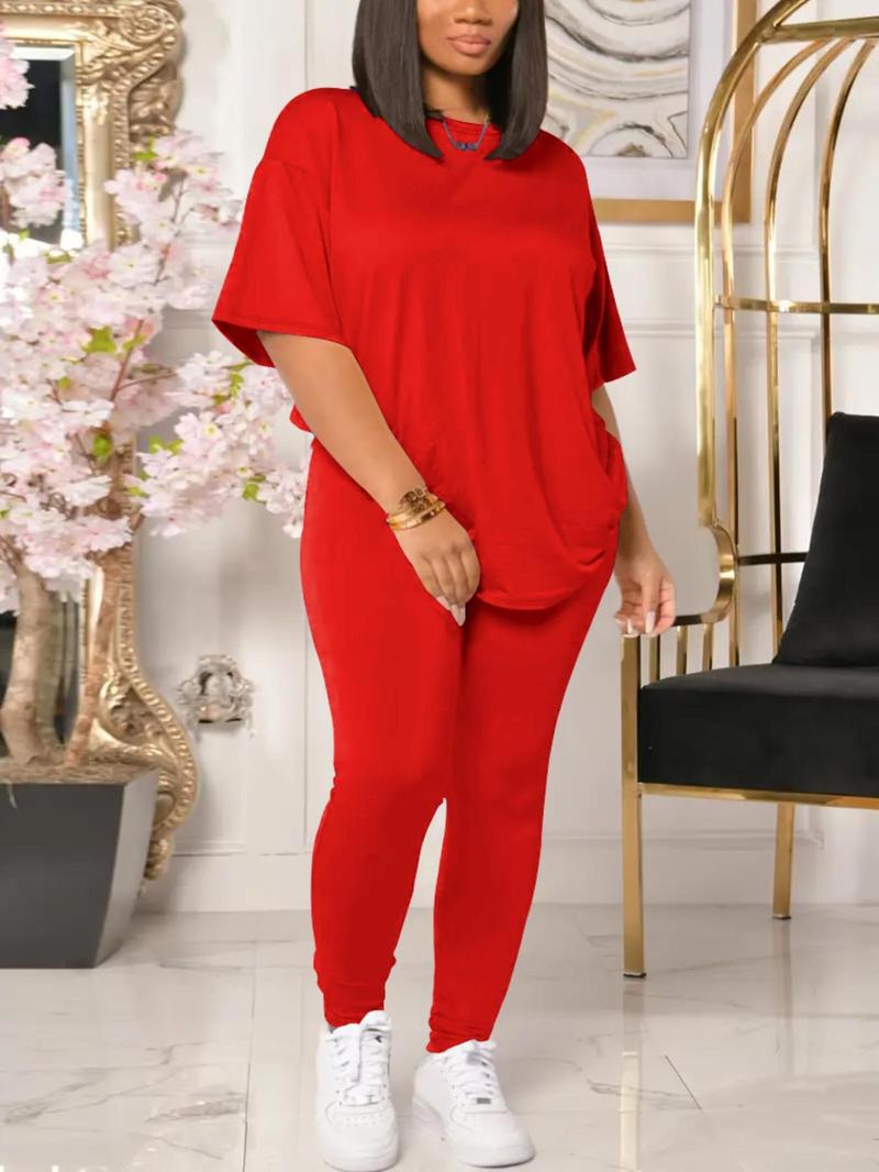 Product Introduction of 【Plus Size】 Solid Color Tee & Skinny Pants Two-Piece Set, Casual Round Neck T-Shirt & Trousers for Daily Wear, Women's Two-Piece Set for All Seasons 7
