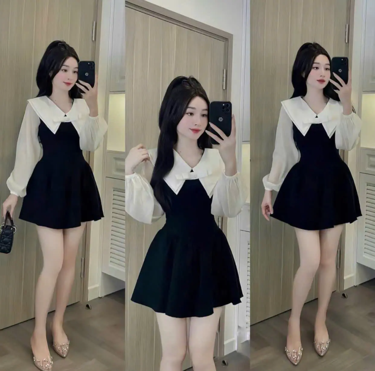 Đầm tiệc tiểu thư cổ V trắng tay phồng bigsize 55KG -90KG