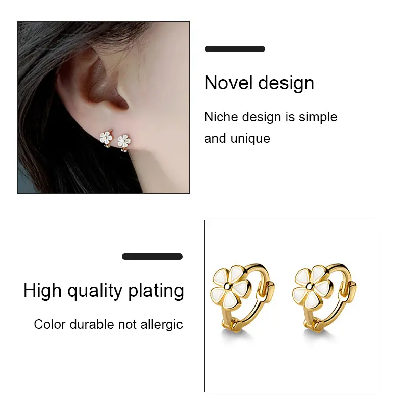 【Sktlz Barang akan dikirim dalam 24 jam】Anting-anting Bunga Daisy Retro Perak S925 Anting-anting Lingkaran Sederhana Desain Ceruk Gesper Telinga 7