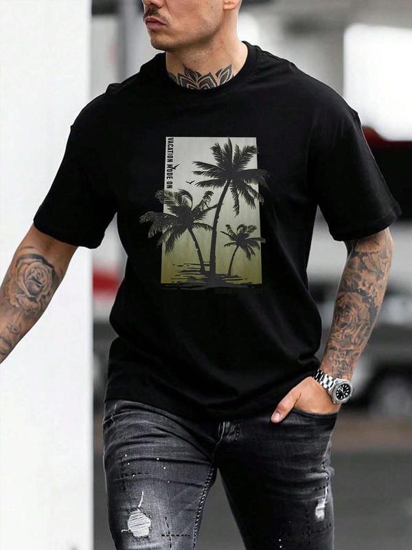 Men's Coconut Tree & Letter Print Drop Shoulder Sleep Tee, Regular Fit Casual Soft Comfortable Short Sleeve Round Neck Pj T-shirt for Daily Wear, Sleepwear Loungewear for Men, Summer Tops, Menswear 1