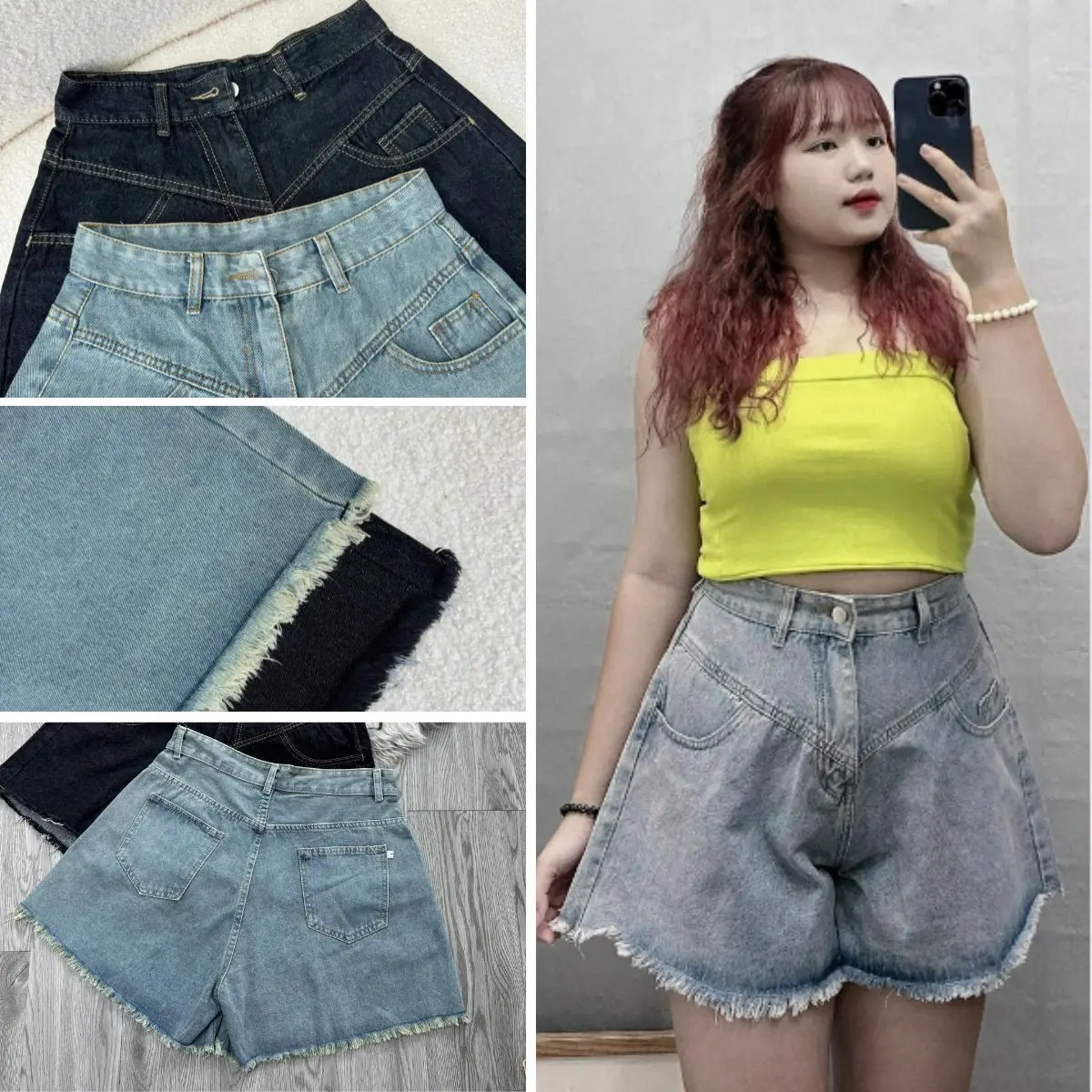 Quần đùi jean bigsize nữ lưng cao tua lai rách đen xanh, Quần bò nữ một khuy ống rộng chất liệu jean cao cấp J5