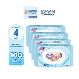 Khăn ướt Bobby không mùi 100 tờ/gói (Xanh)- lốc 4 gói mềm mại dùng được cho trẻ sơ sinh Cho Bé