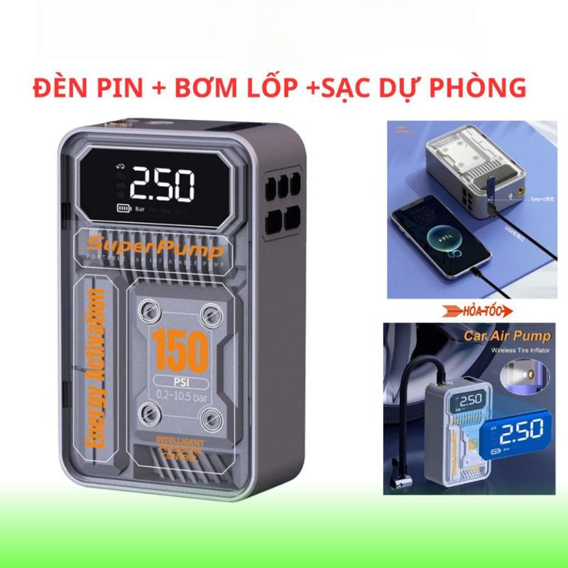Máy bơm lốp xe , máy bơm hơi điện tử không dây 3 chức năng bơm hơi , sạc dự phòng ,đèn pin