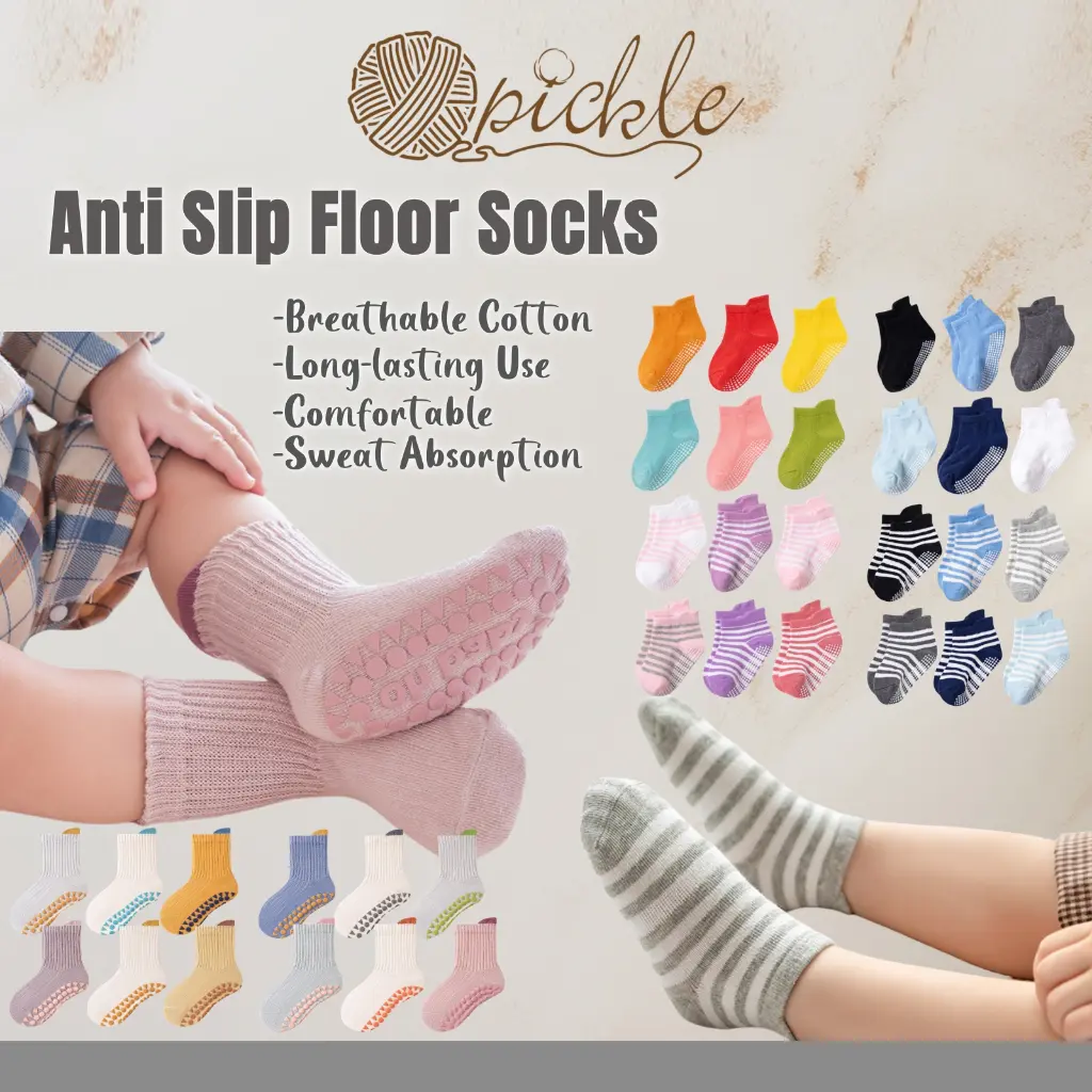 [Pack of 3/6 pcs] Anti-Slip Baby Socks/Kids Girl/Boy Children Ankle Sock/Breathable Sports Non-Slip Socks