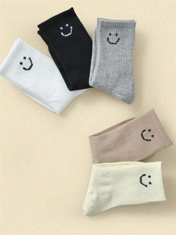 Women's 5 Pairs Cartoon Face Print Crew Socks, Cute Comfy Breathable Socks for Daily Wear, Women's Socks for All Seasons 4