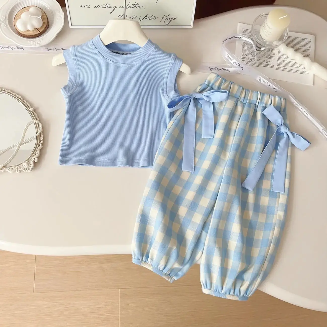 Áo Vest Không Tay Mùa Hè, Bộ Hai Mảnh, Kẻ Sọc Sành Điệu, Dành Cho Bé Gái, Phong Cách Thường Ngày Thích Hợp Cho Mùa Hè, Hàng Mới Về