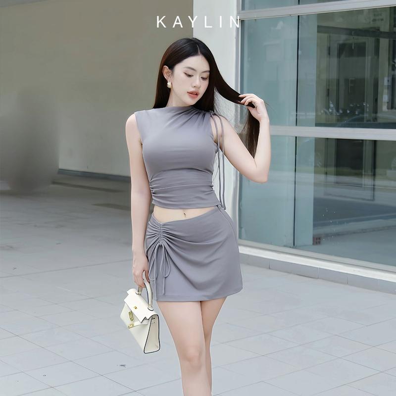 Set KAYLIN áo sát nách nhúng vai phối chân váy rút dây chất vải thun cotton co giản phong cách - N2285 Nữ Women Top Nhung
