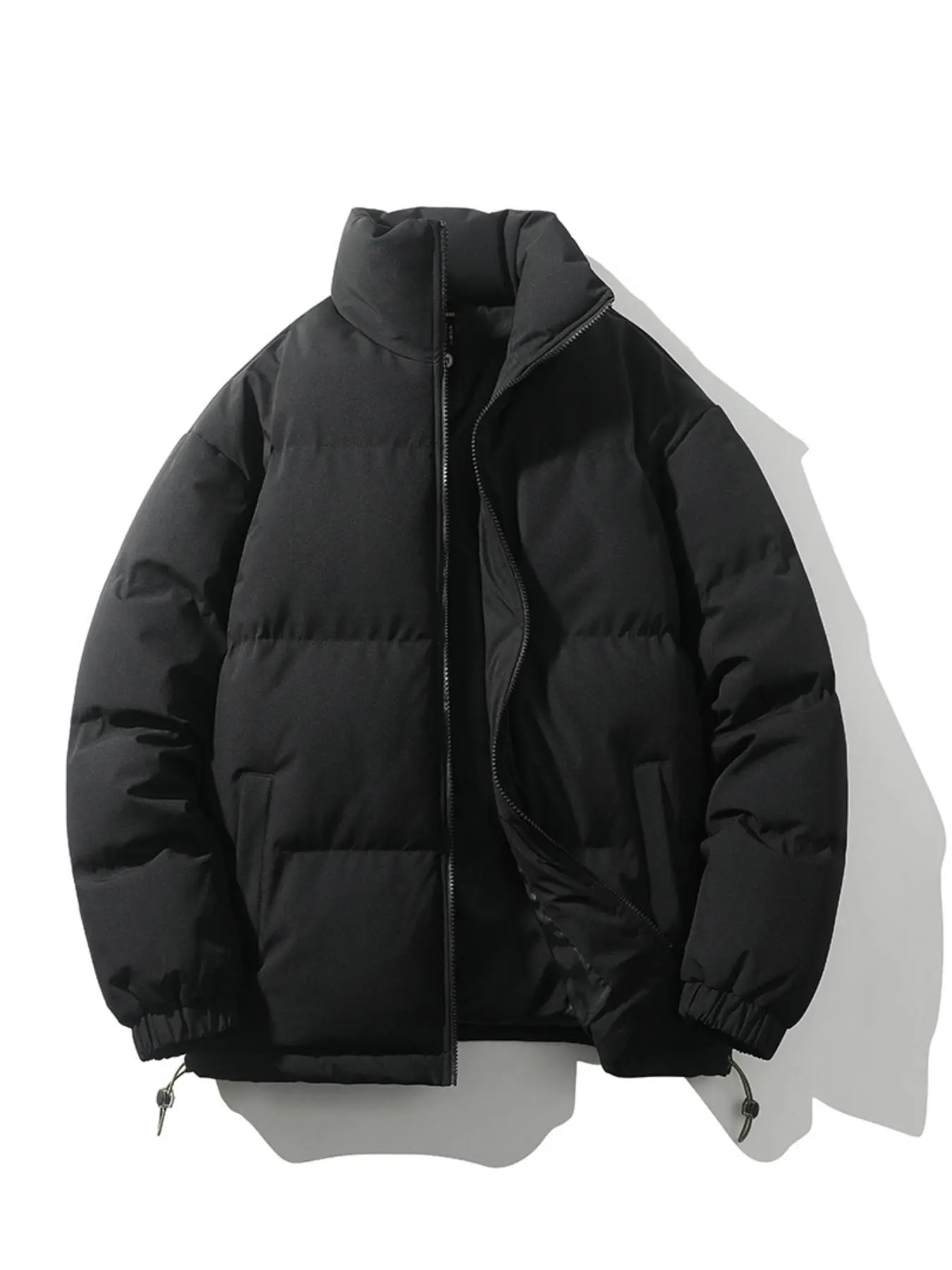 Men's Solid Thicken Zip Up Drawstring Down Jacket, Loose Casual Thermal Pocket Funnel Neck Outwear for Fall & Winter, Cold Weather Gear