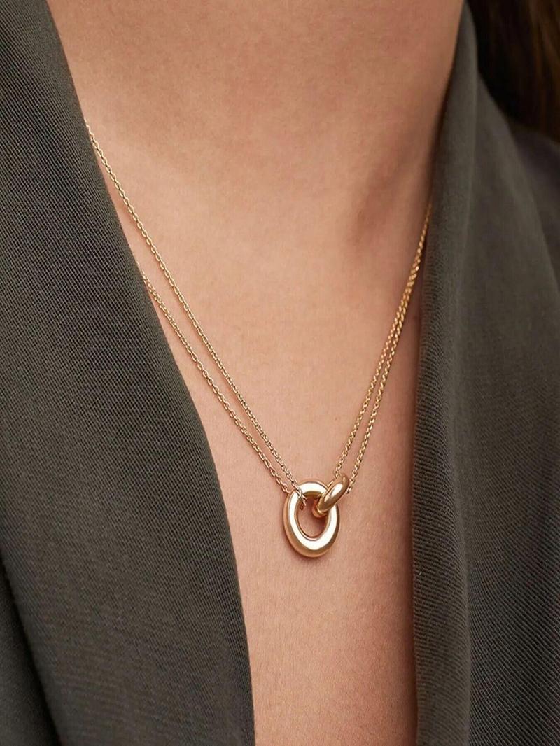 Product Introduction of Unisex minimalist gold stainless steel double chain necklace with steel color ring pendantsornament 15