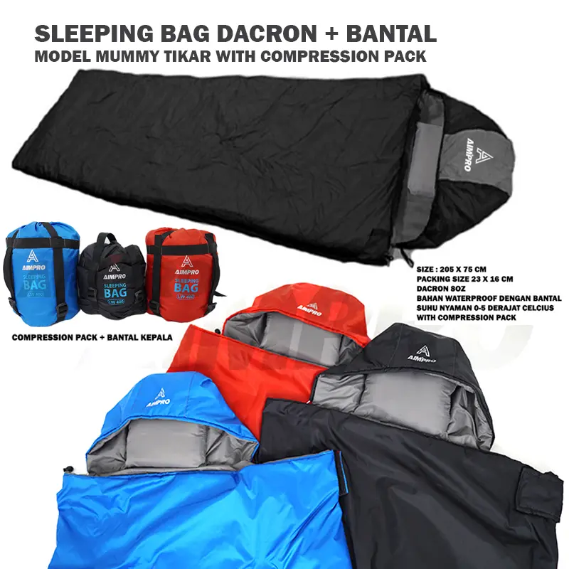 SLEEPING BAG DACRON MODEL TIKAR - SB UL AIMPRO LW400 - SELIMUT GUNUNG ULTRALIGHT