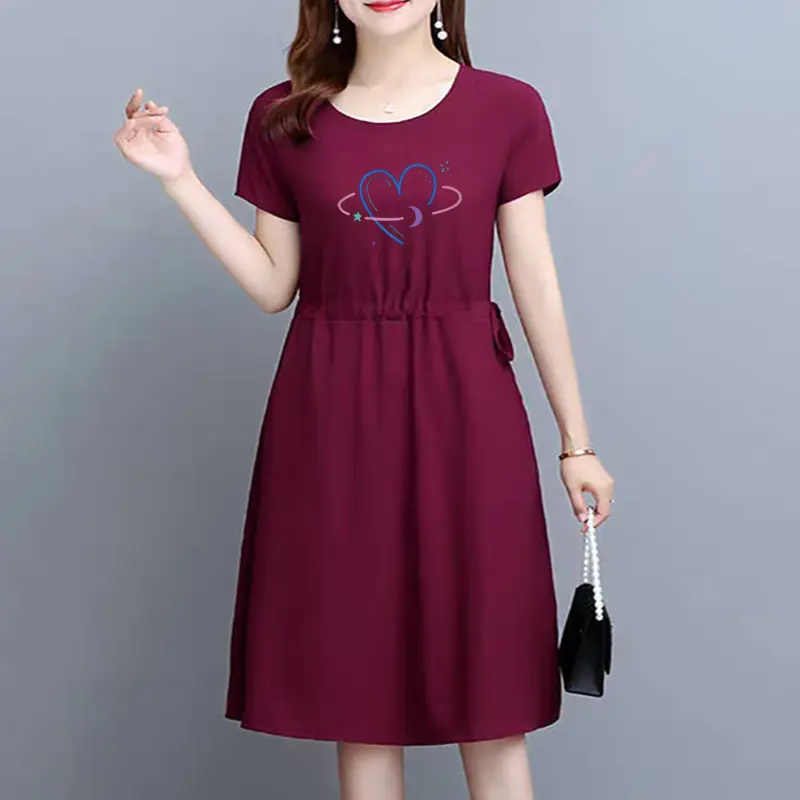 summer ladies dress short sleeve red skirt casual plus size A lin