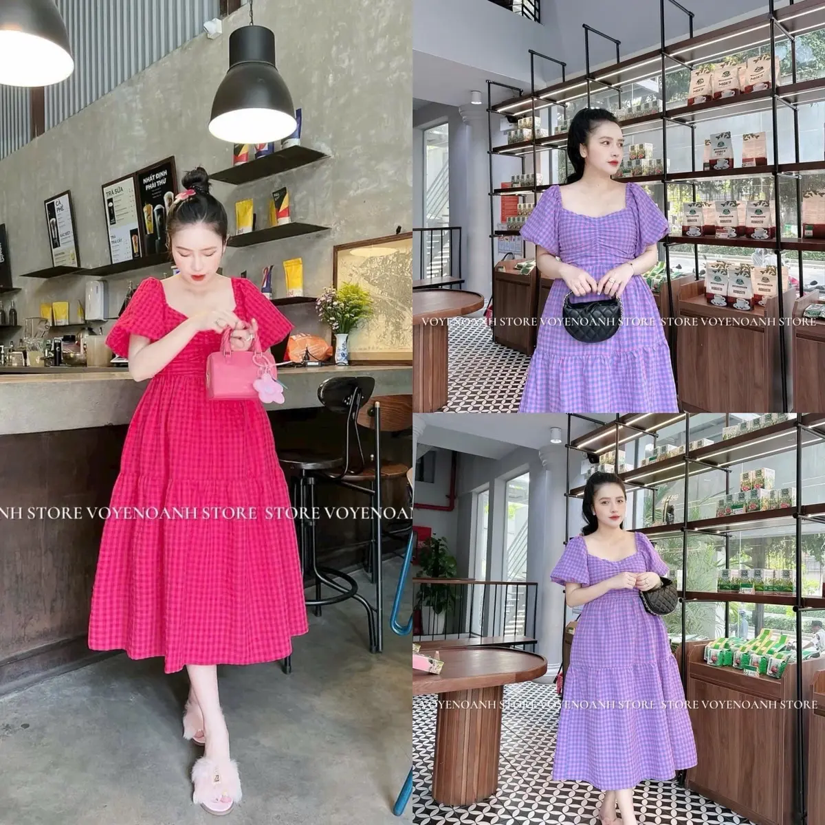 Đầm Xoè Caro Tay Bồng Nhún Ngực Nữ Dress Váy