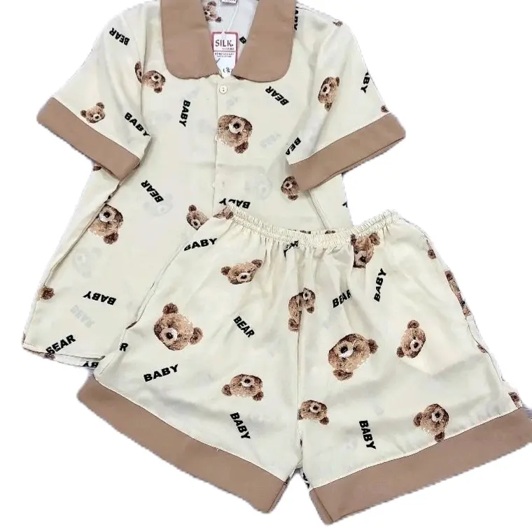 Bộ Ngủ pyzama Đùi Sen ( vải lụa kate) gấu Baby màu kem và đen