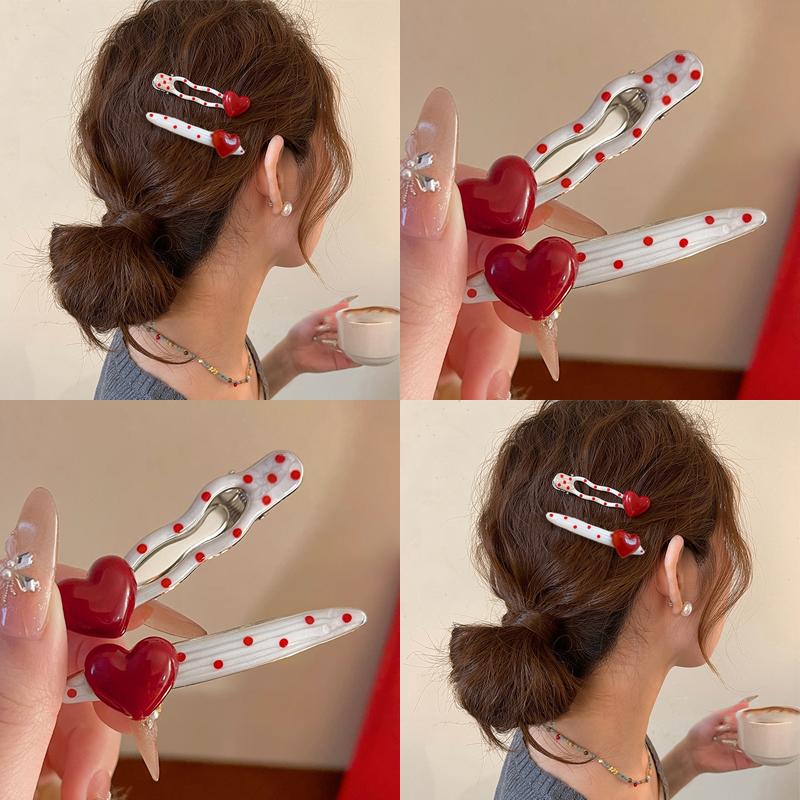 Kẹp Tóc Chấm Bi Màu Đỏ 2 Cái bộ Kẹp Tóc Cố Định Mỏ Vịt Bên Hình Trái Tim Cổ Điển Cho Nữ