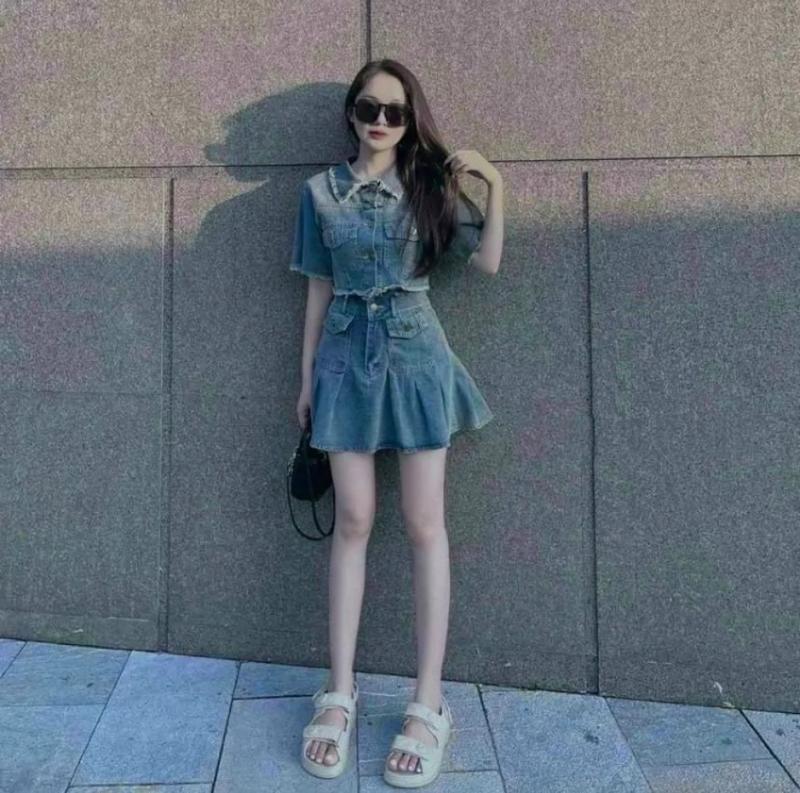 Set Chân váy kèm áo tay ngắn tua rua - Chất Jeans dày mịn - Hàng bao đẹp Nữ Top Denim 5