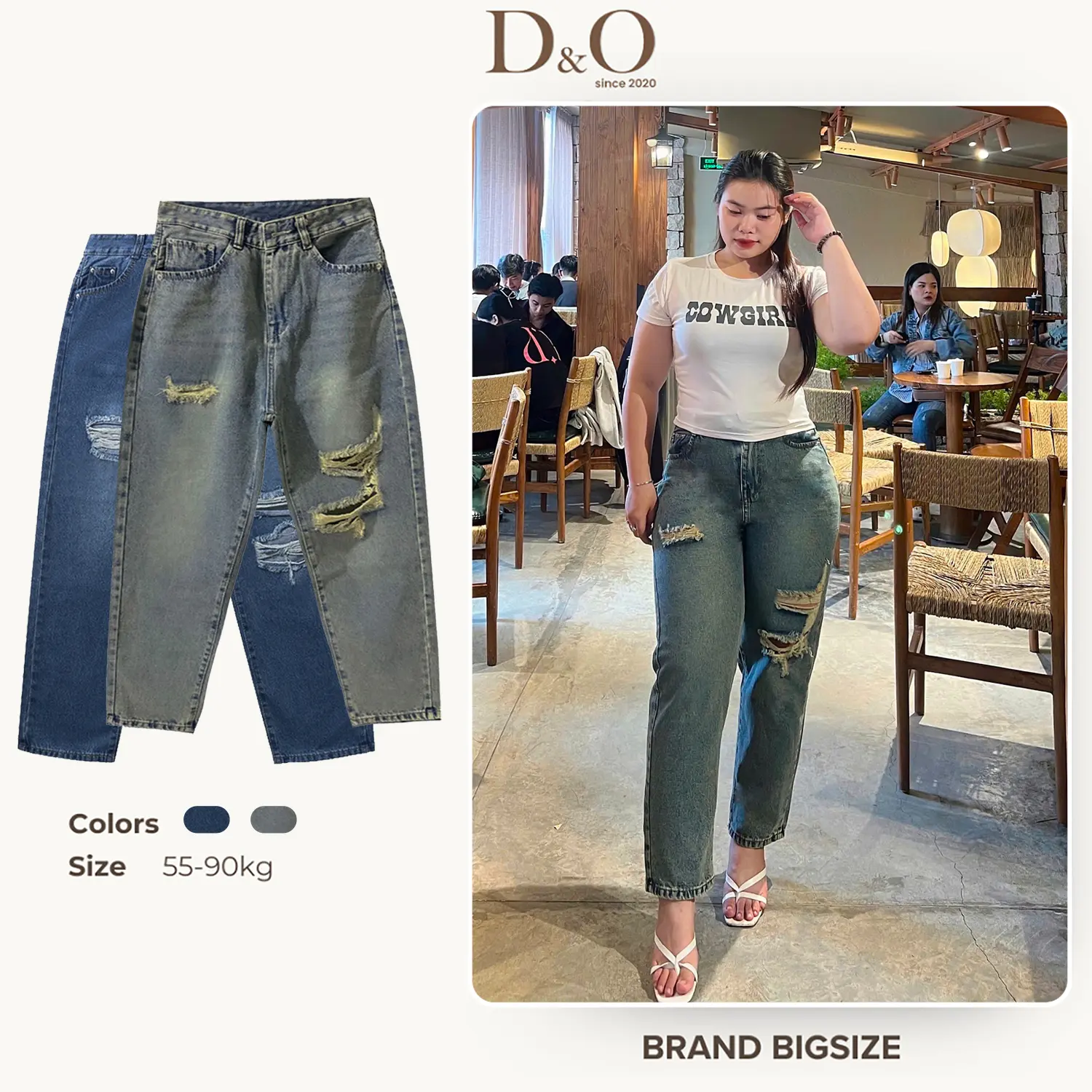Quần Baggy Jeans Bigsize 54-88kg Dáng Dài Màu Xanh Wash Rách 3120/ 3122 Lưng Cao Tôn Dáng Không Giãn