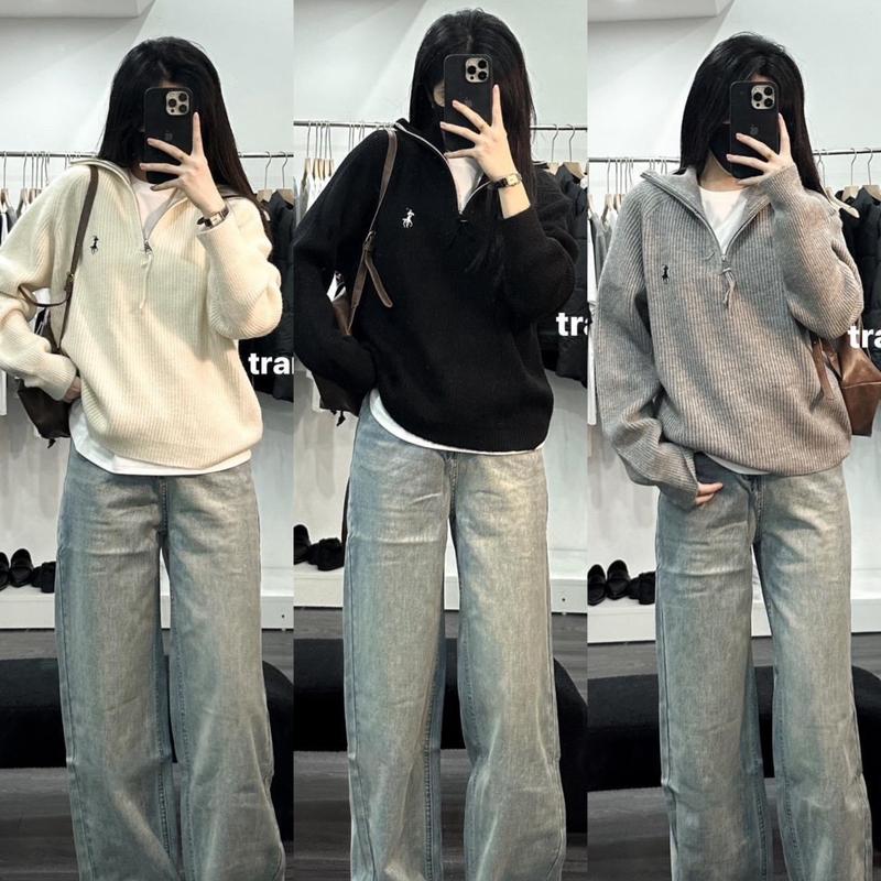 Áo len cổ trụ khoá kéo dài tay dáng suông nữ  quang chau Women Top Cổ Tròn Kem