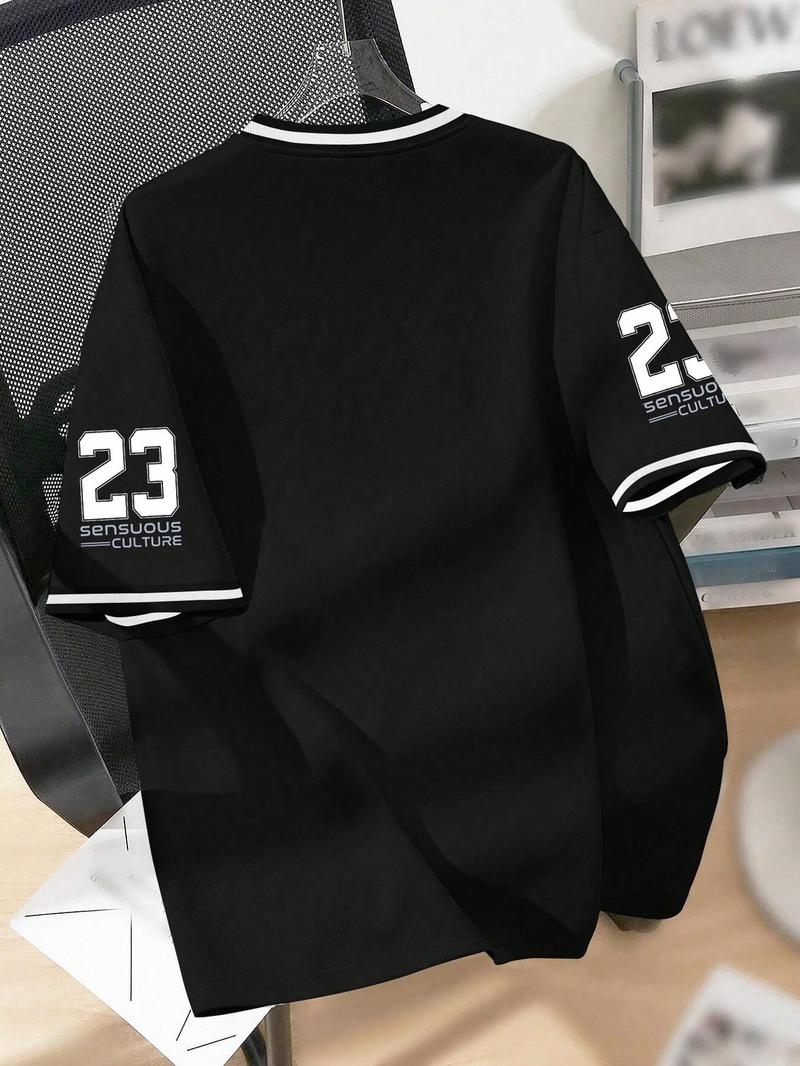 Product Introduction of Men's Letter & Number "23" Print Contrast Binding V Neck Tee, Regular Fit Casual Short Sleeve T-shirt for Summer, Men's Top for Daily Wear 6