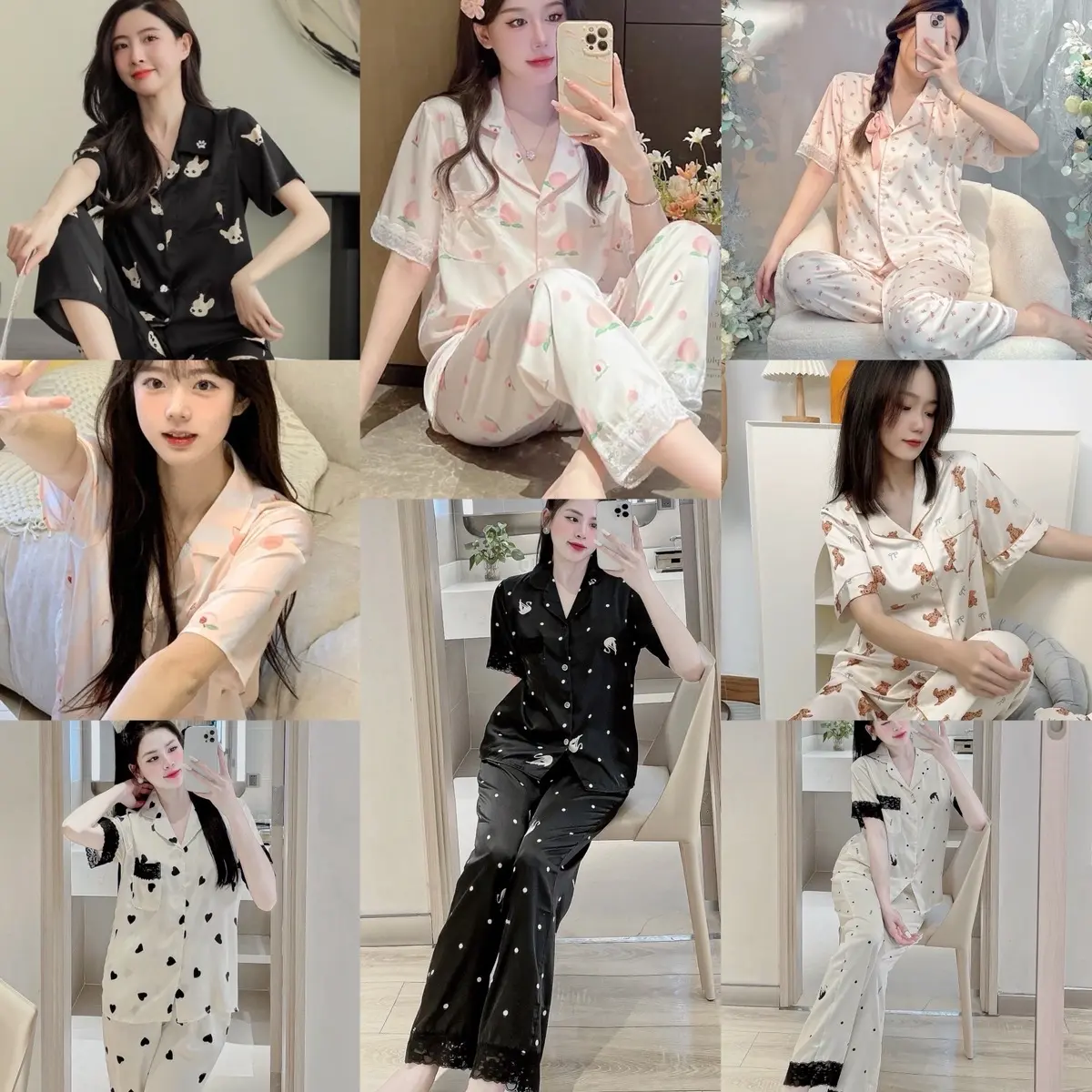 Bộ Đồ Lụa Latin Tay Ngắn Mềm Mướt Mịn HuDo Nhiều Hình Màu Sắc HuDo Phối Ren Mềm Mịn và Phối Viền Xinh Xắn Cho Nữ Women Áo Kem Dài Tay Voi