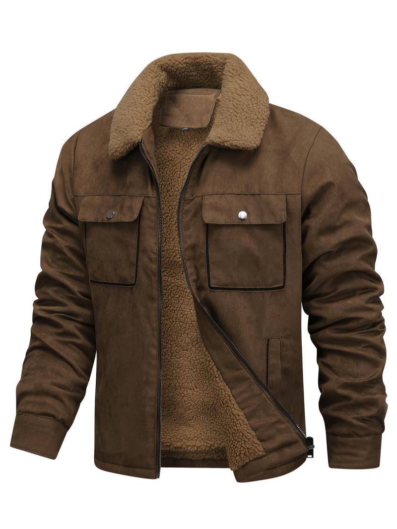 Product Introduction of Men's Regular Fit Solid Pocket Zipper Thermal Lined Jacket, Casual Long Sleeve Collared Outerwear for Fall & Winter, Men's Clothes for Daily Wear 1
