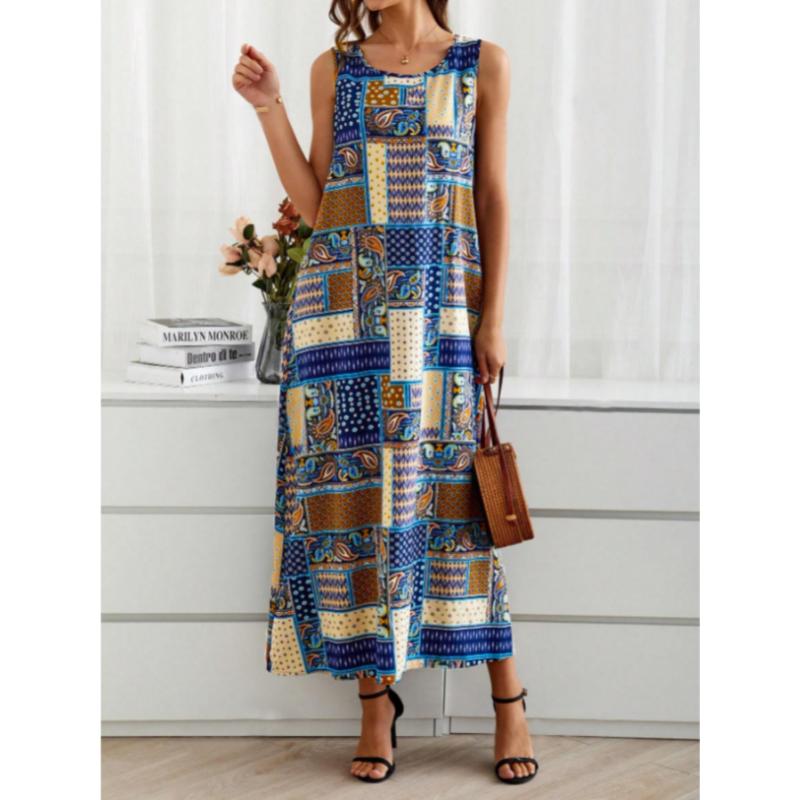 Women's Vintage Ethnic Patchwork Print Sleeveless Midi Dress - Casual Summer Loose Fit with Crew Neck, Lightweight Polyester-Elastane Blend, Vibrant Blue, Yellow, Black & White Patterns 3