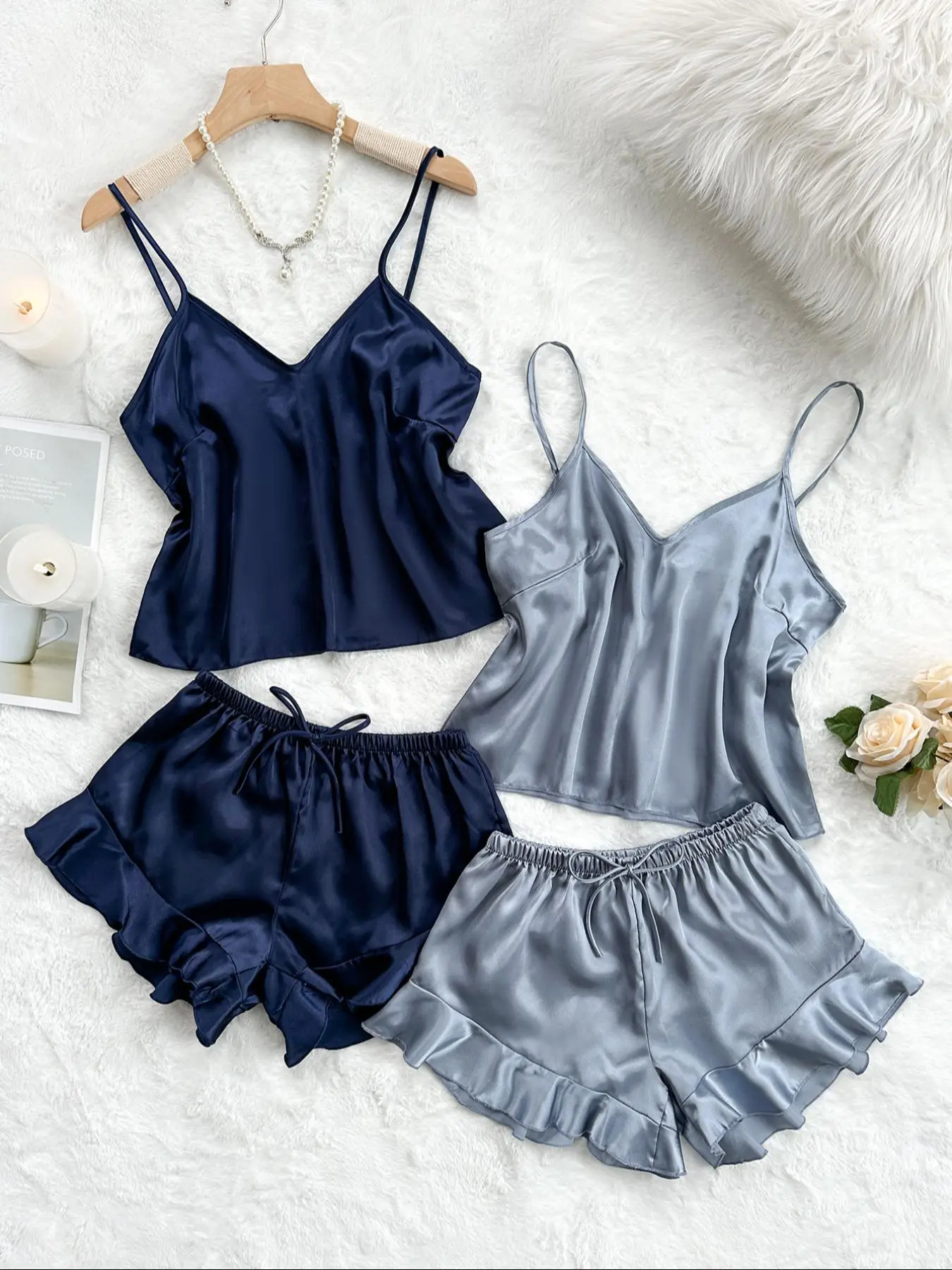 Women's Solid V Neck Cami Top & Elastic Waist Bow Decor Shorts Satin Pyjama Set, Elegant Adjustable Spaghetti Strap Camisole & Ruffle Hem Shorts Pj Set, Ladies Feminine Matching Sleepwear for All Seasons
