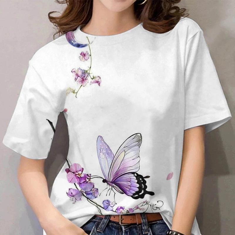 Baju-T Bercetak Rama-rama, Untuk Wanita, Lengan Pendek, Pakaian ...