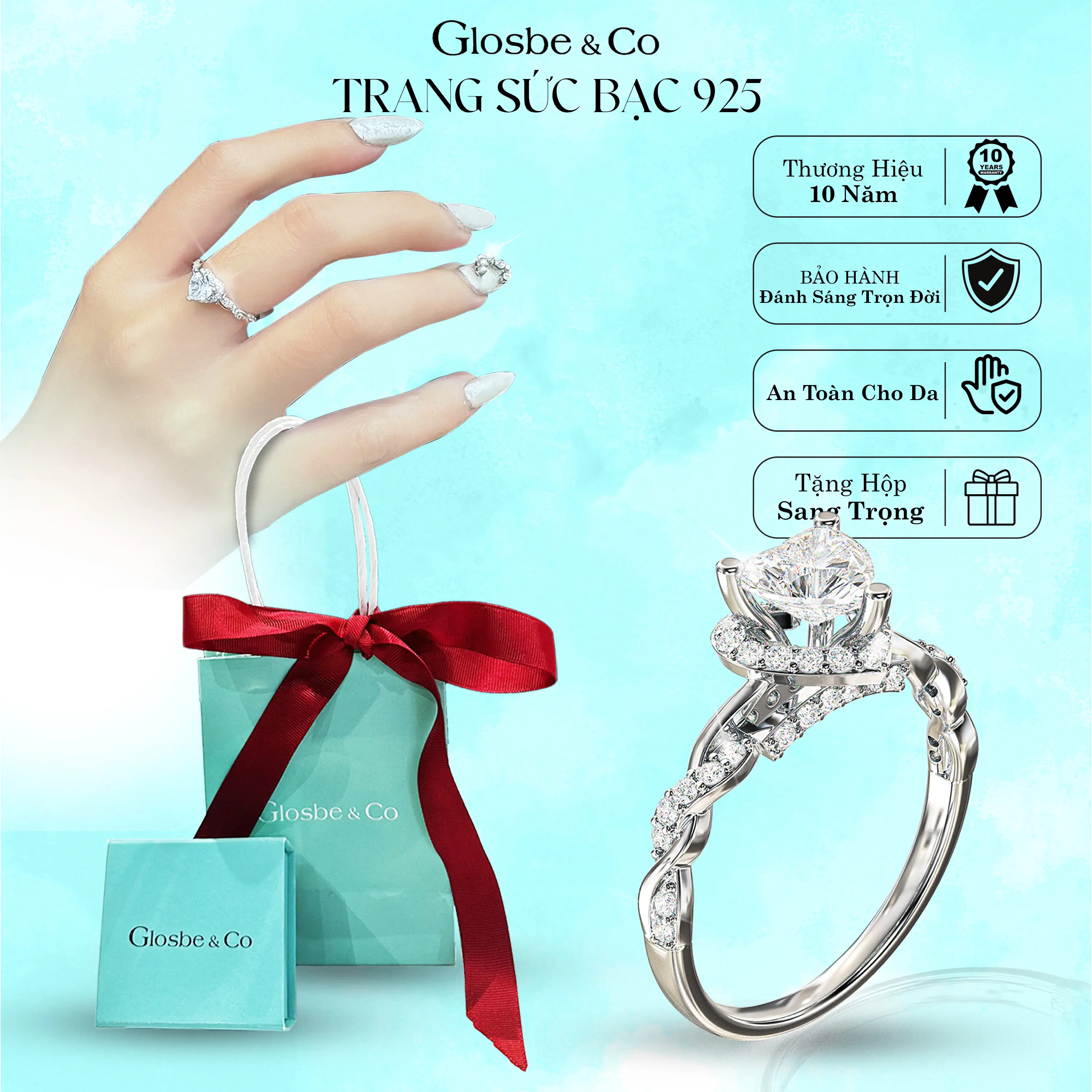 Nhẫn Bạc Glosbe Đính Trái Tim 6mm, Nhẫn + Hộp Quà Tặng, quà tặng nhân dịp Valentine, 8/3,...