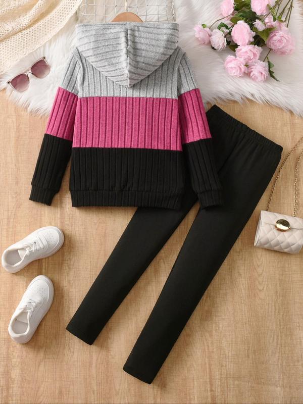 Two-piece Set Girl's Kawaii Clothing Colorblock Ribbed Hoodie & Elastic Waist Pants, Casual Long Sleeve Hooded Pullover & Pants for Fall & Winter, Kids Clothes for Daily Wear， Co-ord Sets 1