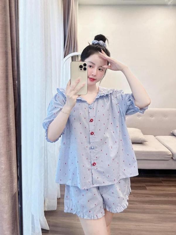 A7 pijama bánh bèo tiểu thư cho nữ hoạ tiết hoa xanh ( kèm nơ tóc)  - Bộ ngủ bánh bèo hàng quảng châu cao cấp Women Kem