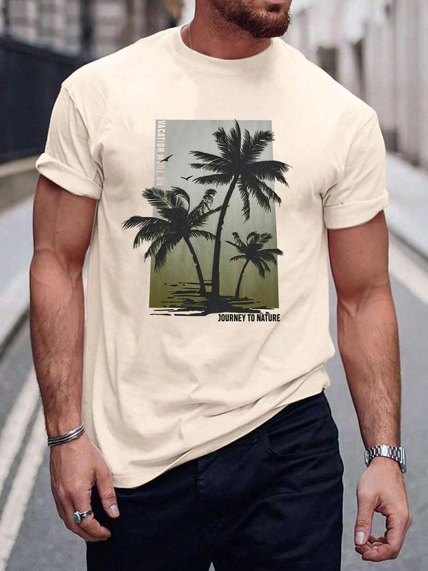 Men's Coconut Tree & Letter Print Drop Shoulder Sleep Tee, Regular Fit Casual Soft Comfortable Short Sleeve Round Neck Pj T-shirt for Daily Wear, Sleepwear Loungewear for Men, Summer Tops, Menswear 2