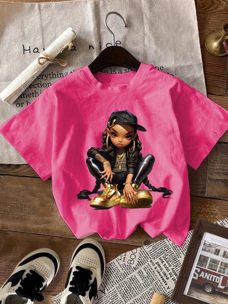 Product Introduction of Girl's Cartoon Print Round Neck Tee, Fashion Casual Drop Shoulder Short Sleeve T-shirt, Girls Summer Clothes for Daily Wear 1