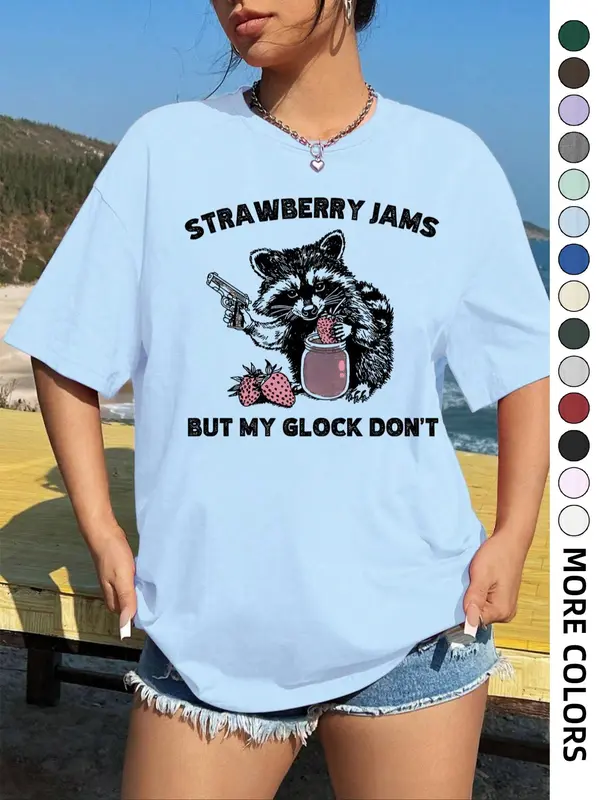 Women's Strawberry & Raccoon Print Round Neck Tee, Fashion Casual Drop Shoulder Short Sleeve T-shirt for Daily Wear, Ladies Summer Clothes,  T Shirts for Women 5