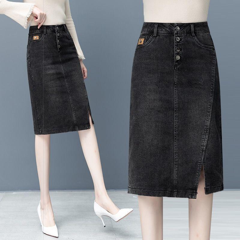 Chân Váy Denim, Dành Cho Nữ, Hàng Mới Về Xuân / Hè 2025, Cạp Cao, Xẻ Tà, Dài Trung Bình Ống Ôm Dáng Chữ A, Ngoại Cỡ, Chân Váy Bó Sát 3