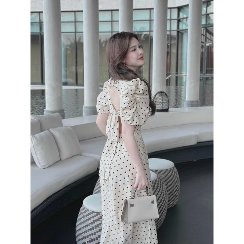 Đầm Voan Chấm Bi Cổ Tròn Hở Lưng Ngắn Tay Trái Bi Kèm Khoét Lưng Và Cột Nơ Bự TTGB0387 - Dáng Váy Xòe Nữ Tính - Women