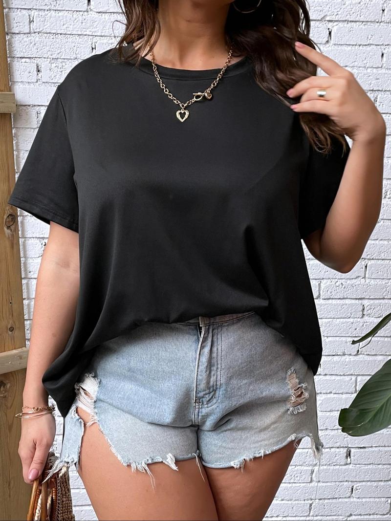 Product Introduction of Plus Size Solid Cut Out Drop Shoulder Tee, Casual Short Sleeve Round Neck T-shirt for Summer, Women's Plus Clothing for Daily Wear 2